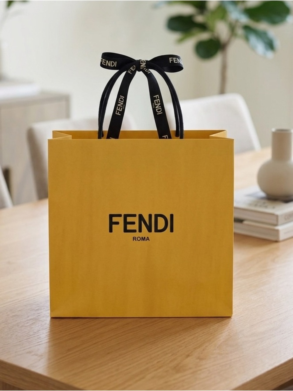 Fendi Yellow Paper Shopping Bag with Black Logo and Ribbon